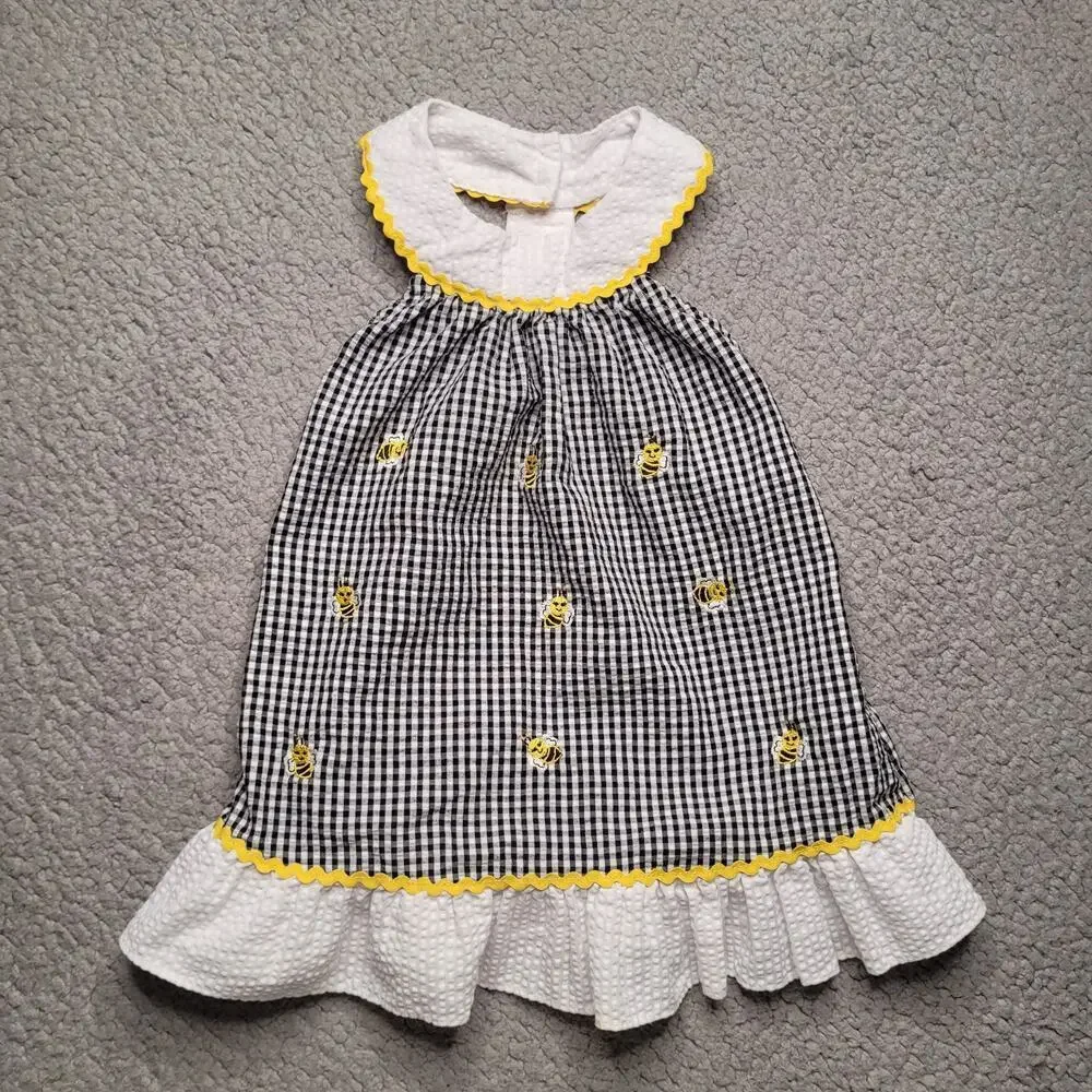 Rare‎ Editions Dress Girls 18 Months Black White Seersucker Check Bees Ruffles
